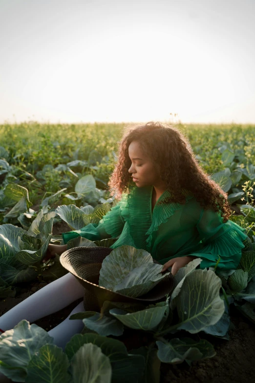 a woman sitting in a field of cabbage, pexels contest winner, renaissance, african american girl, sundown, curls, official screenshot