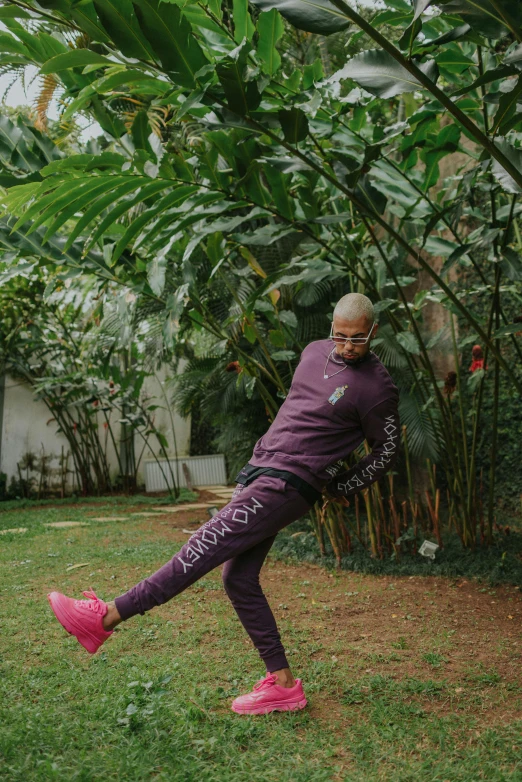 a man kicking a soccer ball in a yard, an album cover, inspired by Ma Quan, pexels contest winner, happening, wearing a purple sweatsuit, in a jungle environment, doing an elegant pose, instagram story