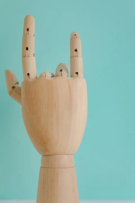 a wooden hand with two fingers sticking out of it, a surrealist sculpture, inspired by Sarah Lucas, unsplash, cross section of mannequin head, singularity sculpted �ー etsy, rock star, animation