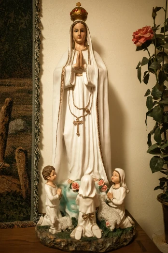 a statue of the virgin mary with three children, unsplash, fine art, decoration around the room, 2019 trending photo, “ full body, album