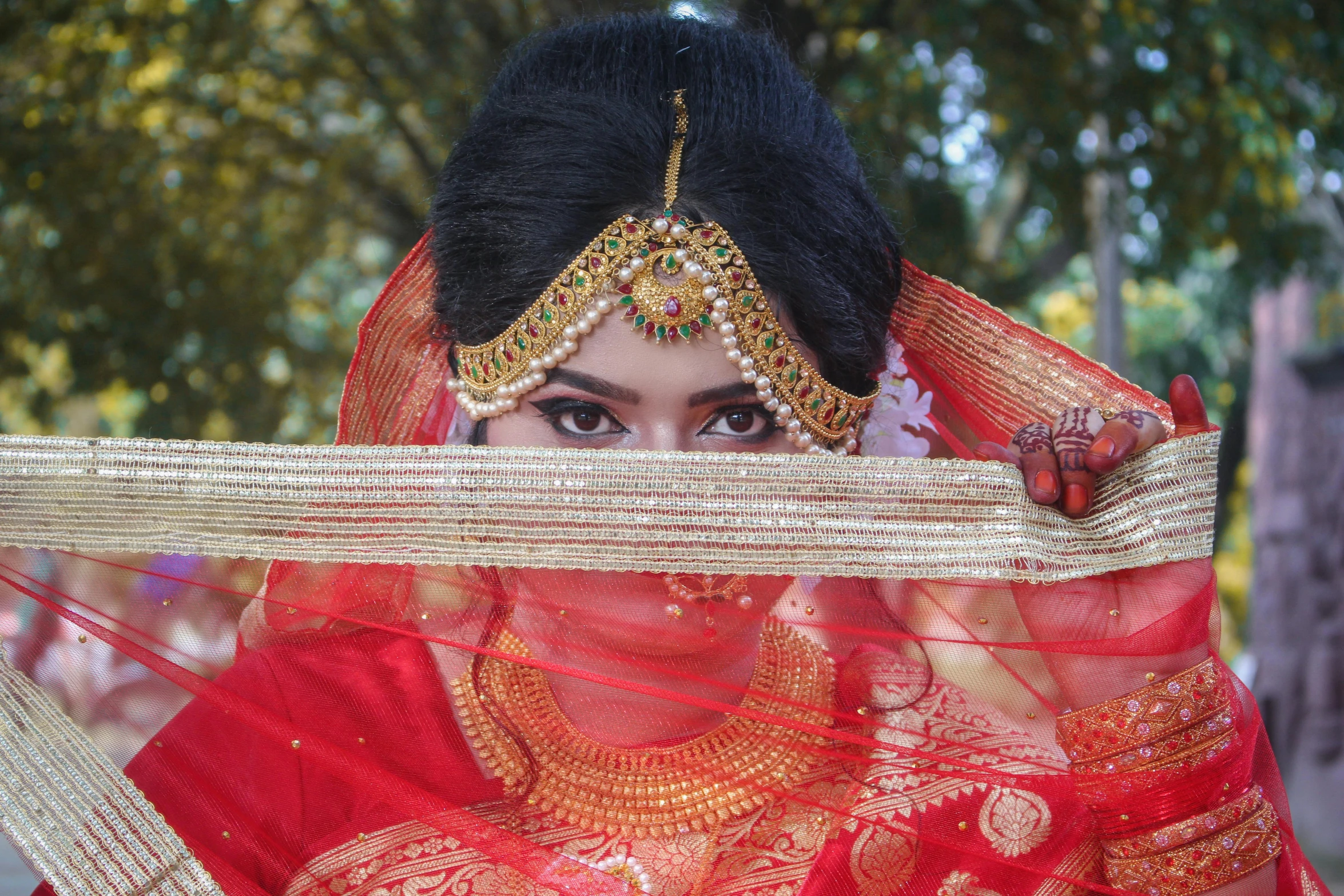 a close up of a woman in a red dress, pexels contest winner, hurufiyya, dressed in a sari, wearing a wedding dress, india third eye tika, animation