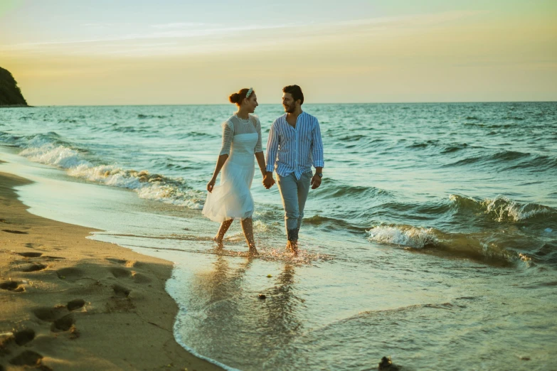 a man and a woman walking on a beach, by Maksimilijan Vanka, pexels contest winner, renaissance, summer feeling, celebration, postprocessed, in romantic style