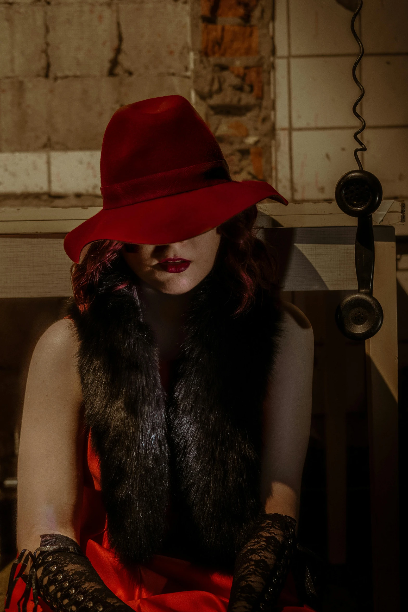 a woman in a red dress and a red hat, an album cover, inspired by Elsa Bleda, trending on pexels, renaissance, cozy dark 1920s speakeasy bar, red hair, furs, profile image