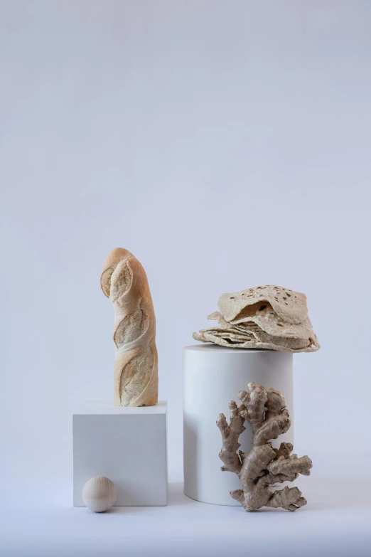 a couple of vases sitting on top of a table, a marble sculpture, by Robbie Trevino, new sculpture, baking french baguette, detailed clay model, corals, singularity sculpted �ー etsy