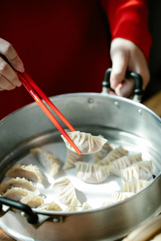 a person holding chopsticks over a pan filled with dumplings, by Jan Tengnagel, children's, stainless steal, hands on counter, 8 l