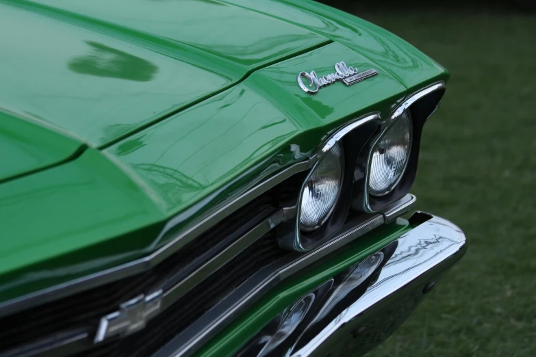 a green car parked on top of a lush green field, a close-up, custom headlights, in a hood, chrome body