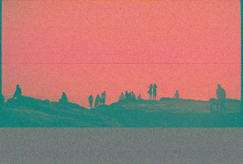 a group of people standing on top of a hill, an album cover, inspired by Russell Chatham, unsplash, conceptual art, dayglo pink blue, glitch art aesthetic, beaches, lomography