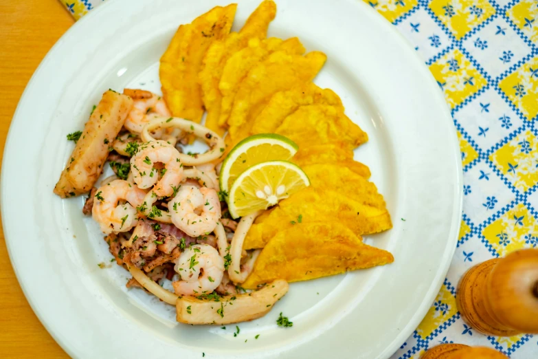 a close up of a plate of food on a table, by Carey Morris, puerto rico, squid, square, guide