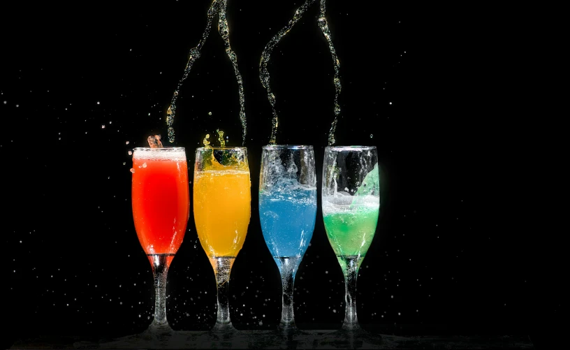 three glasses filled with different colored drinks, an album cover, pexels, renaissance, pouring, bubbly, (night), tall