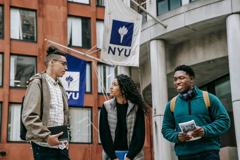 a group of people standing in front of a building, college, nyc, nuri iyem, promotional image