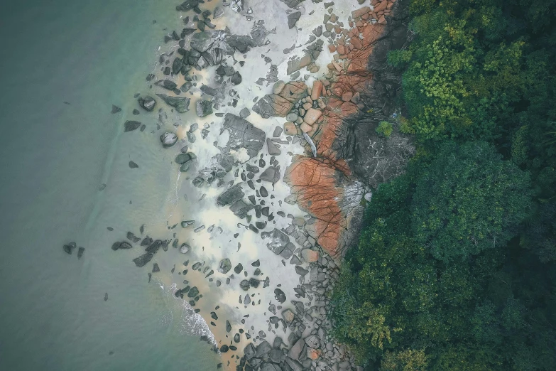 a bird's eye view of a rocky beach, pexels contest winner, malaysia jungle, half and half, subtle colors, photogrammetry