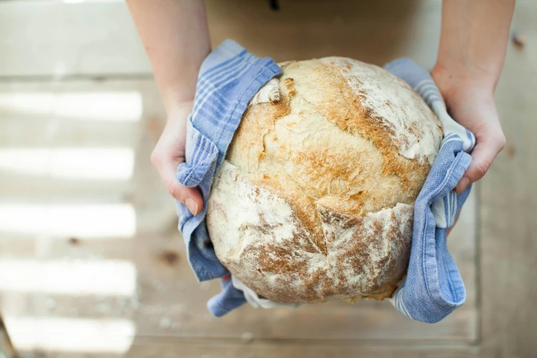 a person holding a loaf of bread in their hands, by Helen Stevenson, unsplash, fan favorite, wearing an apron, ++++ super veiny hands, spherical