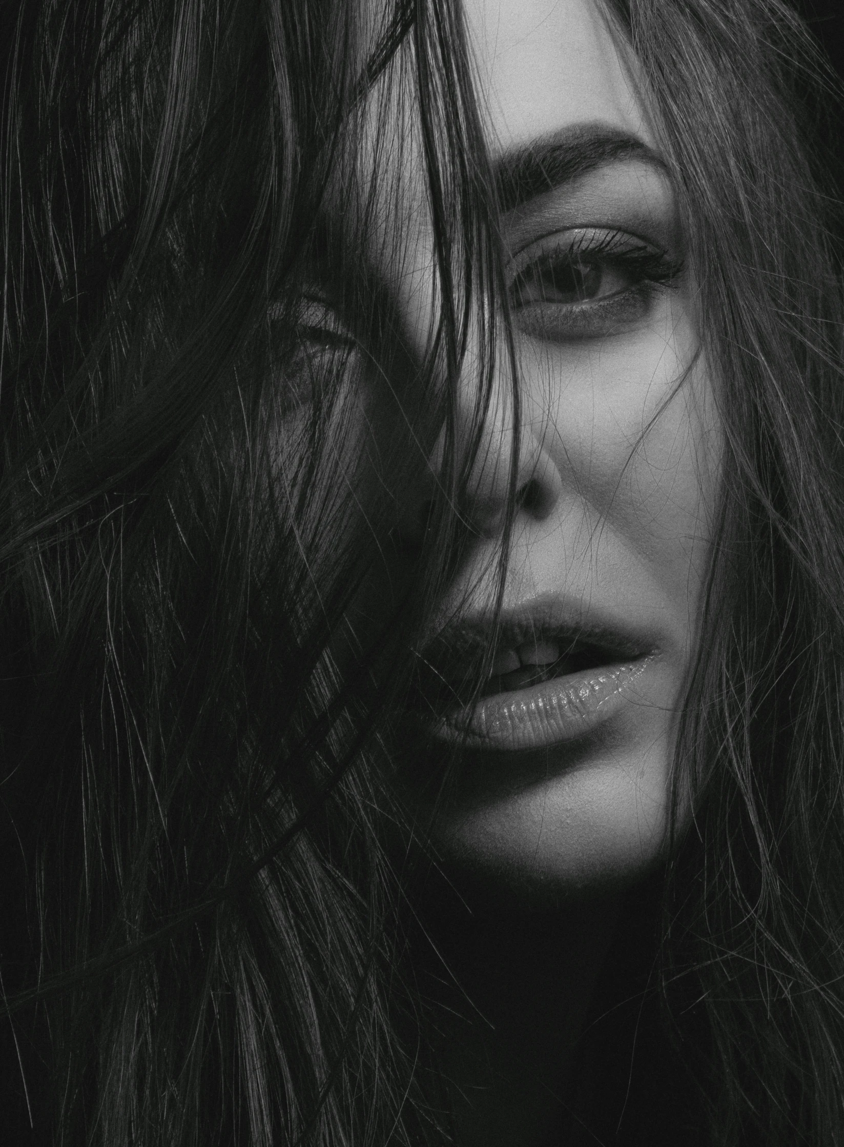 a black and white photo of a woman with long hair, pexels contest winner, portrait of sofia vergara, alternate album cover, emotions closeup, highly detailed vfx portrait of