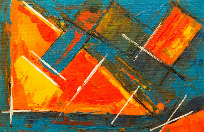 an abstract painting with orange and blue colors, inspired by David Bomberg, pexels contest winner, up-close, painting on canvas, charming, ntricate oil painting