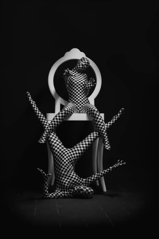 a black and white photo of a woman sitting on a chair, a surrealist sculpture, inspired by Hedi Xandt, unsplash contest winner, conceptual art, checkered motiffs, entwined bodies, album cover, zentai suit