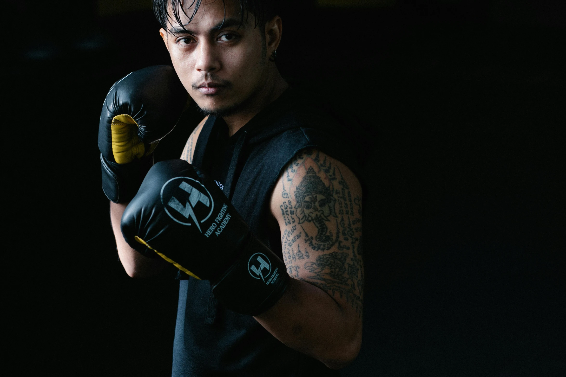 a close up of a person wearing boxing gloves, a portrait, inspired by Eddie Mendoza, pexels contest winner, hurufiyya, wearing fitness gear, flash studio, avatar image, in an action pose
