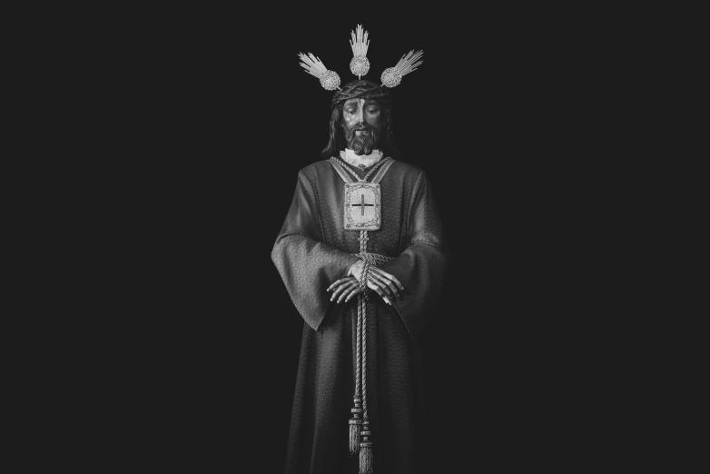 a black and white photo of a native american man, an album cover, by andrei riabovitchev, unsplash, baroque, dressed like jesus christ, official fanart behance hd, great king of stovokor, elaborate costume