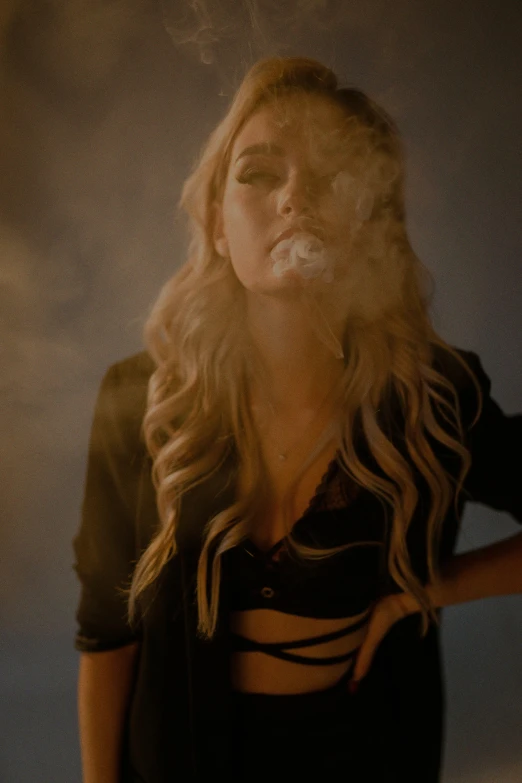 a woman with a cigarette in her mouth, inspired by Elsa Bleda, unsplash, renaissance, portrait of kim petras, smoke trailing out the back, black canary, still from a music video