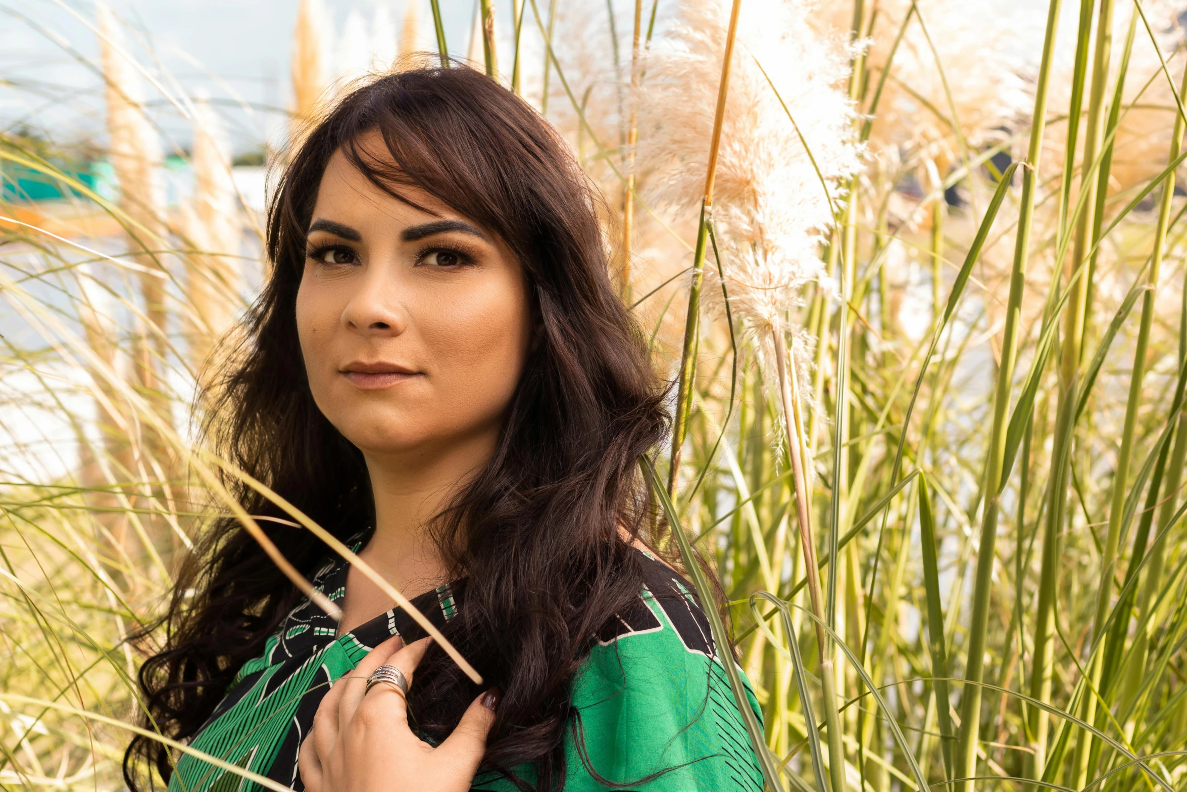 a woman standing in a field of tall grass, an album cover, hurufiyya, green robes, peruvian looking, portrait image, l critical role