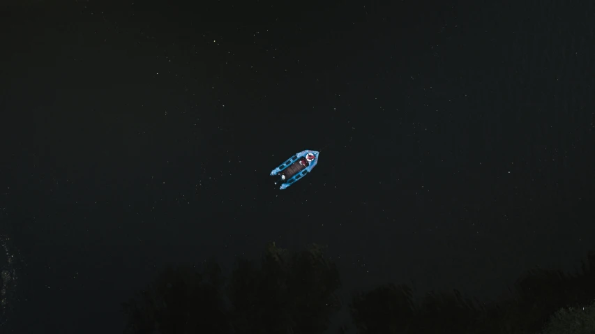 a boat floating on top of a lake at night, pexels contest winner, space art, blimps, blue v2 rocket in space, an alien musician lost in space, with a black background