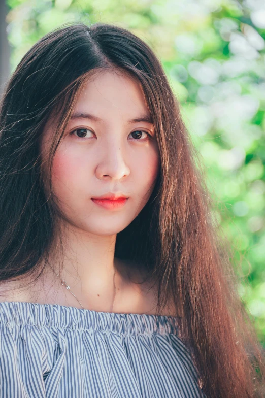 a woman with long hair posing for a picture, inspired by Tang Yifen, pexels contest winner, center parted brown hair, head and shoulders view, high-resolution photo, avatar image