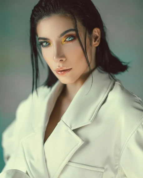 a woman in a white coat posing for a picture, a colorized photo, inspired by Elsa Bleda, trending on pexels, young beautiful amouranth, sleek yellow eyes, portrait of apex legends, androgynous male