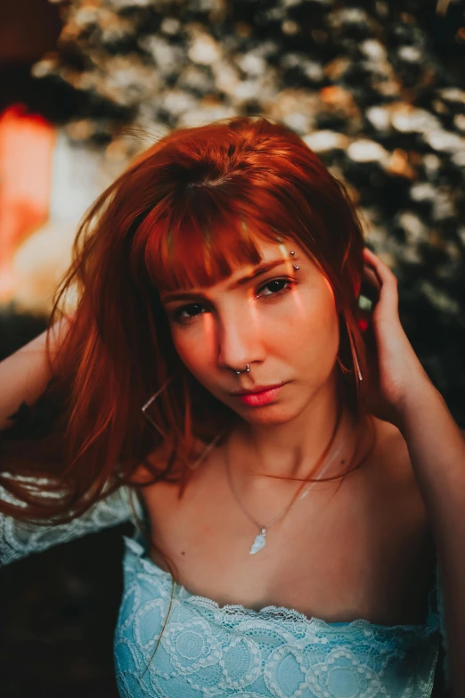 a woman with red hair posing for a picture, inspired by Elsa Bleda, pexels contest winner, bangs, pokimane, jewelry, leaked photo