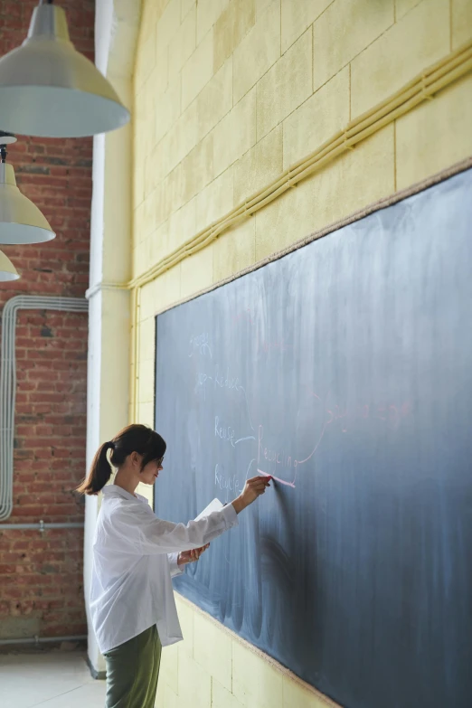 a woman writing on a blackboard on a wall, academic art, jen yoon, null, brett amory, splash image