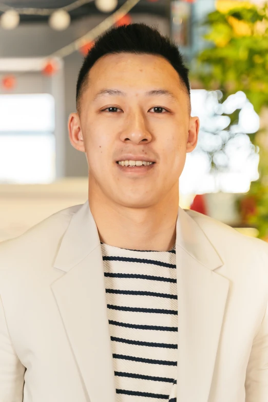 a man in a white jacket and striped shirt, leslie zhang, lean man with light tan skin, on clear background, rectangle