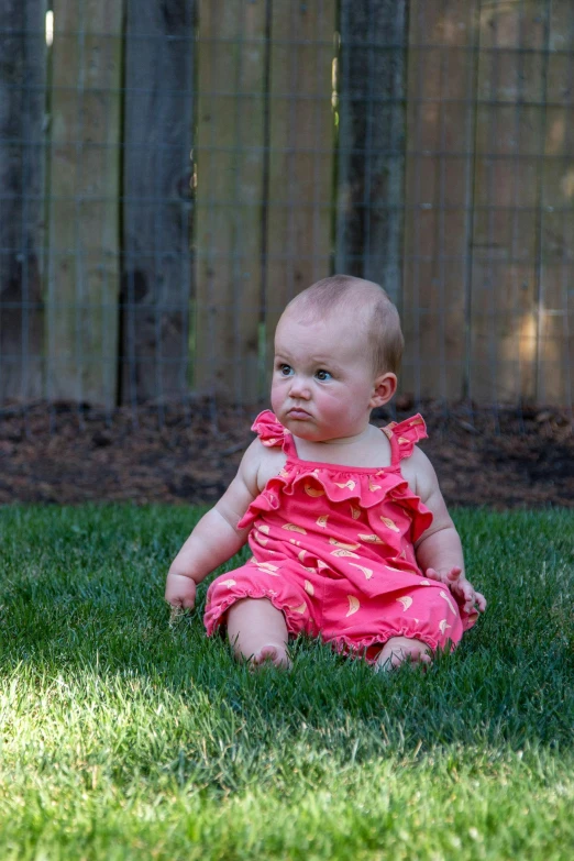 a baby sitting in the grass with a frisbee, by David Palumbo, unsplash, process art, concerned expression, ruffles, red birthmark, alexa grace