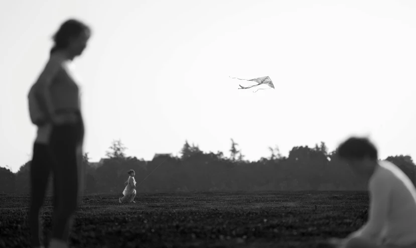 a couple of people in a field flying a kite, a black and white photo, by Romain brook, unsplash, minimalism, small dog, seagull, square, nostalgic 8k