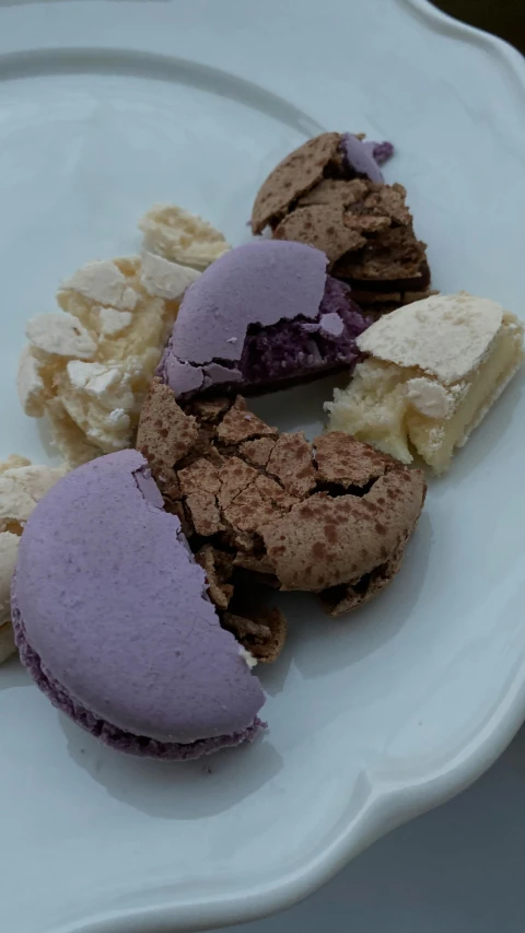 a close up of a plate of food on a table, ((purple)), ice cream, macaron, thumbnail