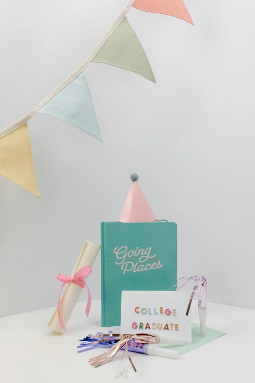 a cake sitting on top of a white table, cg society contest winner, happening, oh the places you'll go, teal paper, toy package, pastel'