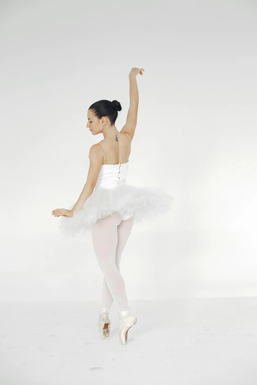 a woman in a white tutu posing for a picture, arabesque, side profile view, in front of white back drop, 奈良美智, wearing white tights