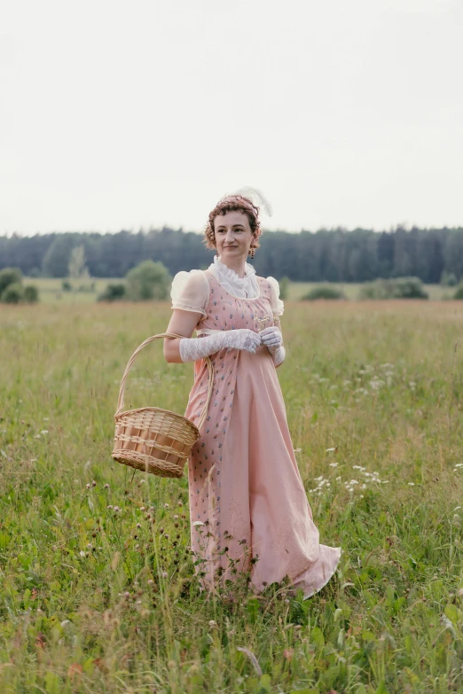 a woman standing in a field holding a basket, inspired by Cassandra Austen, renaissance, wearing a light - pink suit, from the grand budapest hotel, wearing a pink ballroom gown, little bo peep