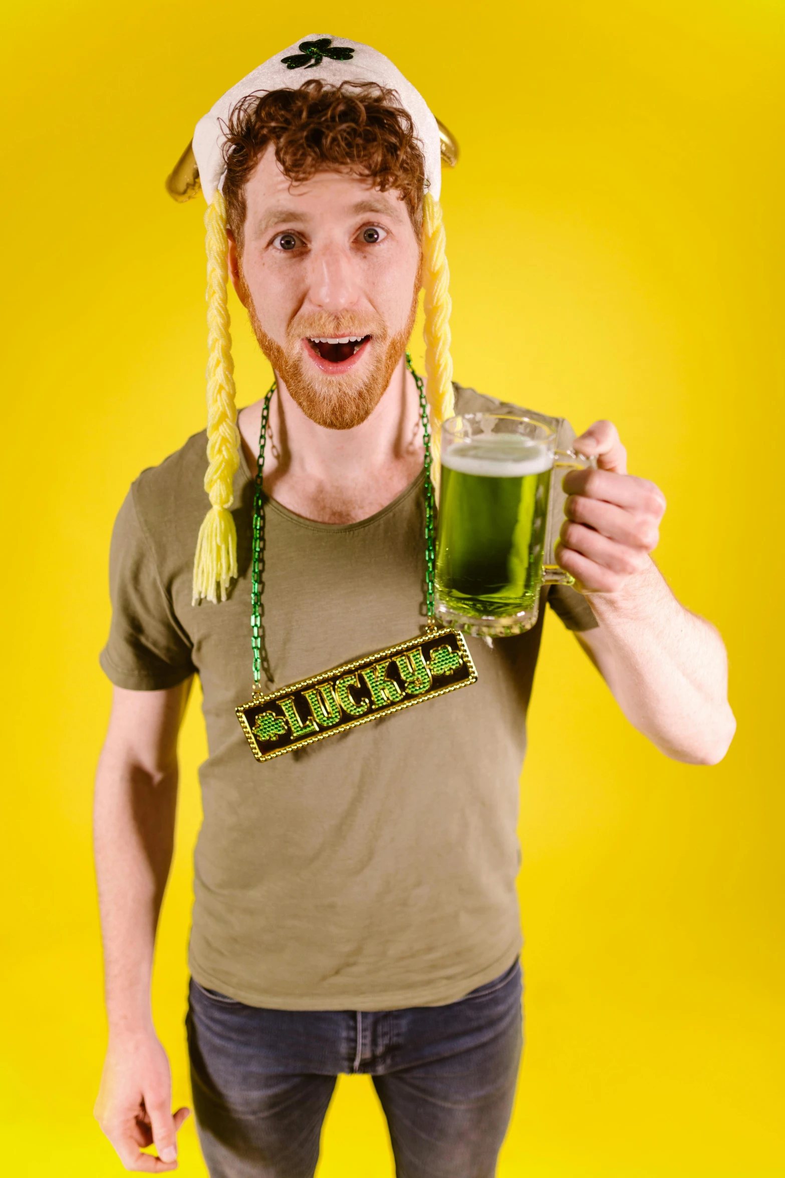 a man wearing a hat and holding a beer, inspired by Luigi Kasimir, shutterstock, long braided green hair, linus from linustechtips, yellow and greens, arney freytag!!!
