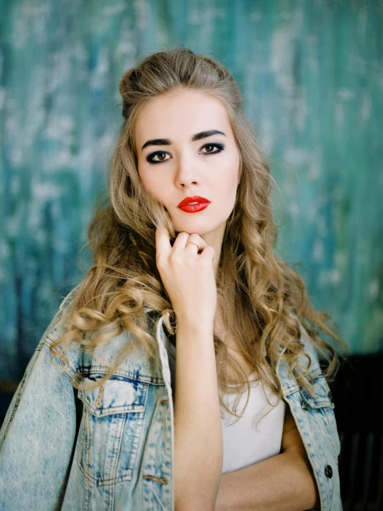 a woman in a denim jacket posing for a picture, a picture, by Julia Pishtar, trending on pexels, art photography, bright red lipstick, young beautiful amouranth, square, 15081959 21121991 01012000 4k