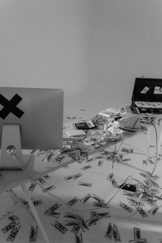 a computer sitting on top of a bed covered in paper, a black and white photo, by Bruce McLean, pexels contest winner, fluxus, yung lean, pair of keycards on table, explosion of data fragments, hyperrealistic image of x