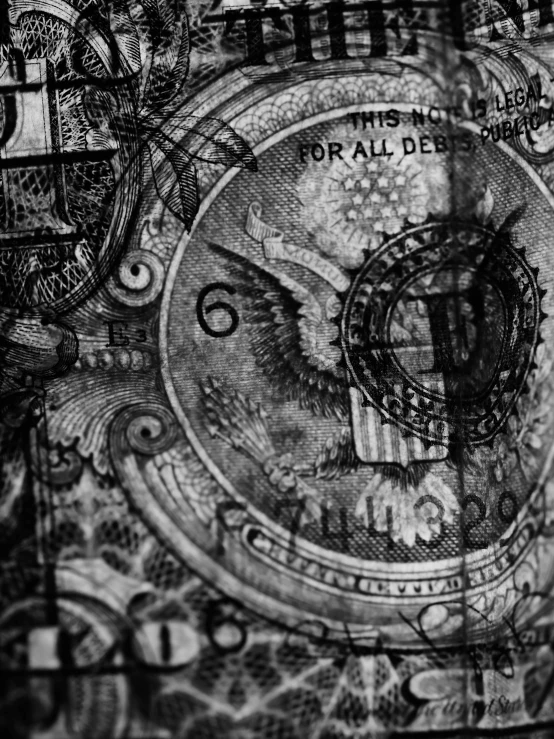 a close up of a clock on a piece of paper, an etching, by Tony Szczudlo, dollar bills body horror, digital art - n 9, steampunk!!!! grainy texture, alexandra fomina
