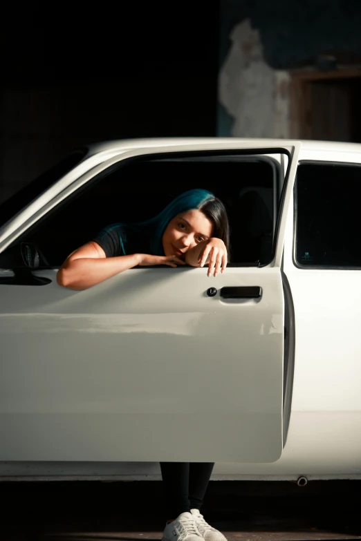 a woman leaning out the window of a white truck, pexels contest winner, square, 15081959 21121991 01012000 4k, classic car, a young asian woman