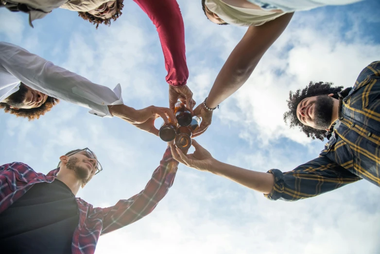 a group of people holding hands in a circle, pexels contest winner, renaissance, holding flask in hand, avatar image, low angle photo, mid air shot