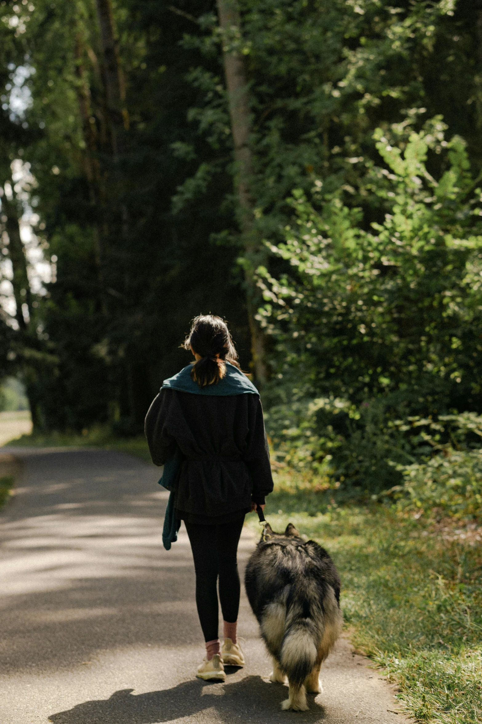 a woman walking a dog down a path, by Niko Henrichon, unsplash, renaissance, in green forest, black, touring, profile image