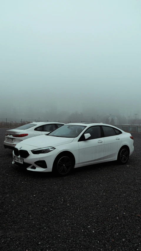 two cars parked in a parking lot on a foggy day, inspired by An Gyeon, renaissance, low quality photo, bmw, medium height, square