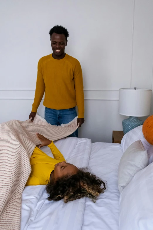 a couple of people laying on top of a bed, wearing nanotech honeycomb robe, woman is curved, ignant, kano)