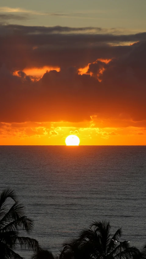 a sunset over the ocean with palm trees in the foreground, by Robbie Trevino, pexels contest winner, slide show, a high angle shot, bright yellow and red sun, ( ( ( ( kauai ) ) ) )