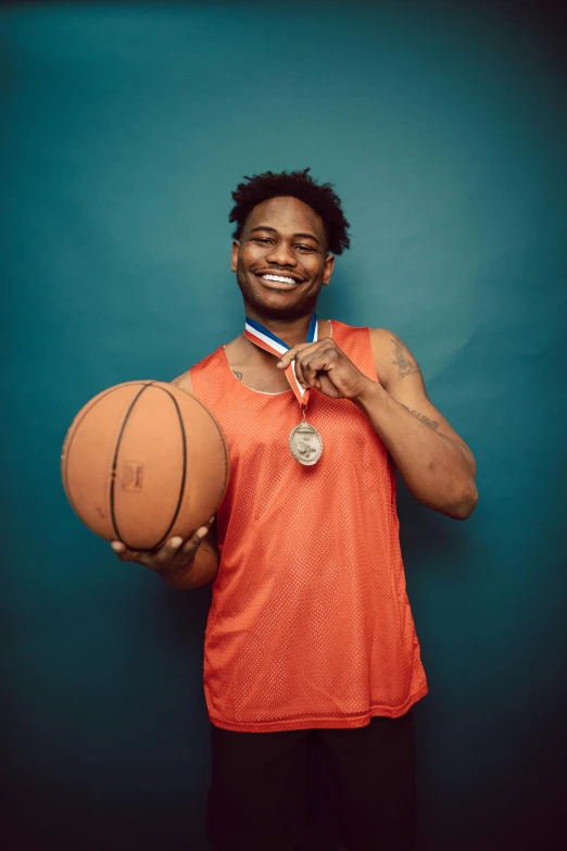a man holding a basketball and a medal, photo in style of tyler mitchell, headshot and bodyshot, high - res, 15081959 21121991 01012000 4k