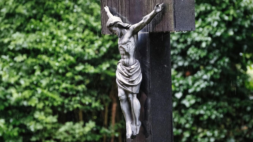 a statue of jesus on a cross with trees in the background, by Frederik Vermehren, unsplash, new sculpture, hanging veins, just after rain, taken in the late 2000s, high angle close up shot