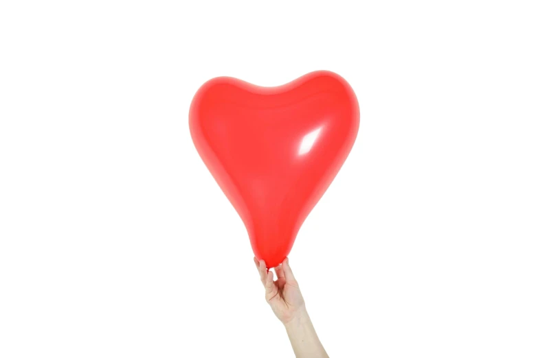 a person holding a red balloon in the shape of a heart, by Emma Andijewska, pexels, bauhaus, on a white background, 15081959 21121991 01012000 4k, party balloons, product image