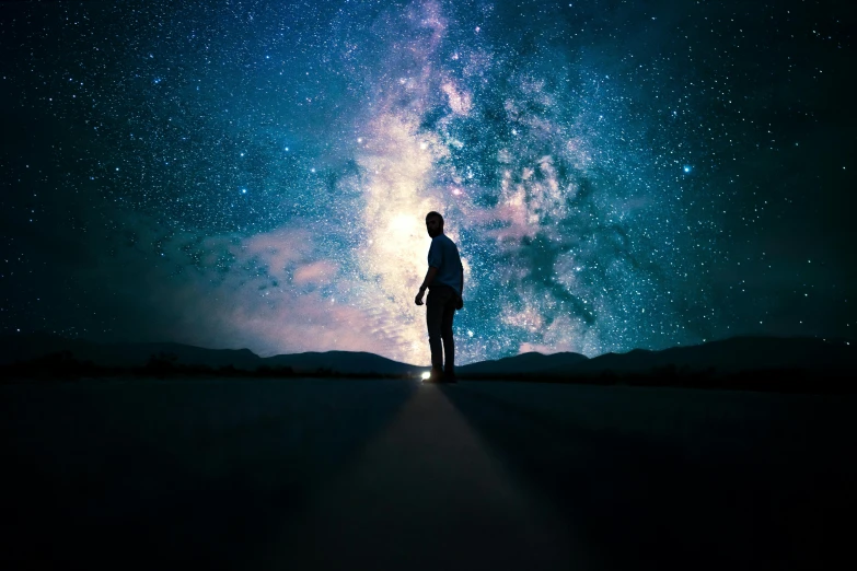 a person standing in the middle of a road with the milky in the background, an album cover, pexels contest winner, magical realism, starry sky 8 k, avatar image, silhouette of a man, on a galaxy looking background