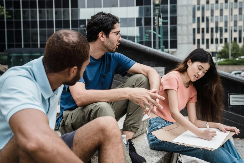 a group of people sitting next to each other, pexels contest winner, renaissance, sits on a rooftop, asian descent, trying to study, promotional image